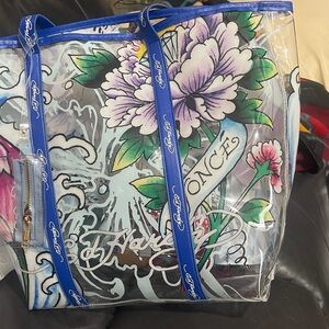 Y2K Ed Hardy Clear Tote with Blue and Pink Floral Design NWT